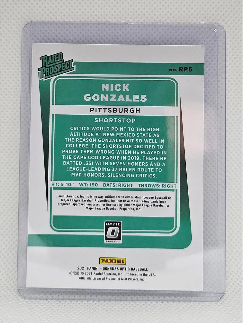 Nick Gonzales- Rated Prospect Insert - 2021 Panini Optic - #RP6 - Pirates -Mint